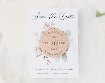 Save The Date Cards with Wooden Magnets | Botanical Floral Save The Dates with Envelopes | Modern Elegant Save The Dates