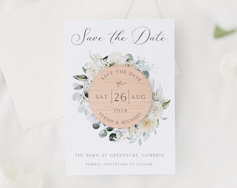 Save The Date Cards with Wooden Magnets | Botanical Floral Save The Dates with Envelopes | Modern Elegant Save The Dates