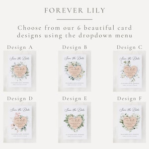 May include: Six wedding Save the Date card designs are displayed, each featuring a heart-shaped element with floral accents. The cards include the text "Save the Date" and other details. The text "FOREVER LILY" is at the top.