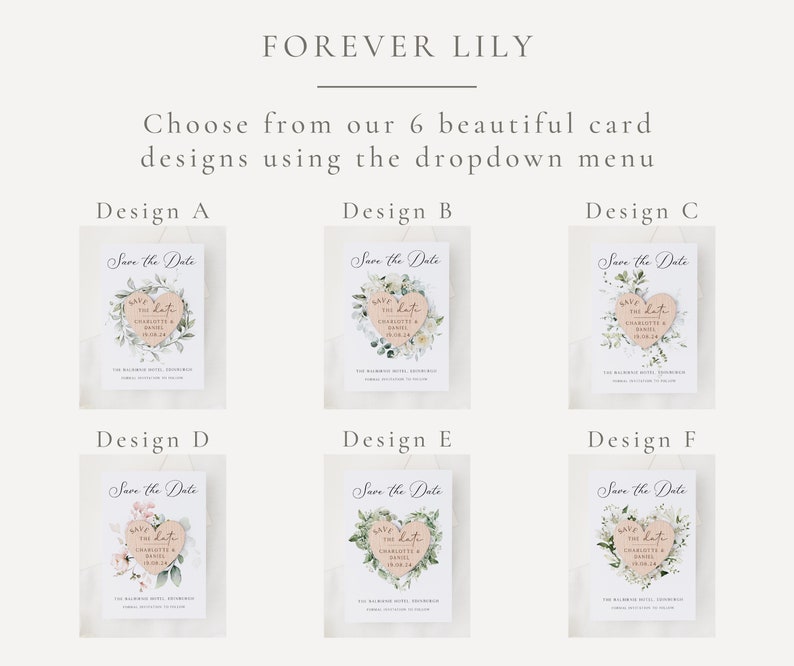 May include: Six wedding Save the Date card designs are displayed, each featuring a heart-shaped element with floral accents. The cards include the text "Save the Date" and other details. The text "FOREVER LILY" is at the top.