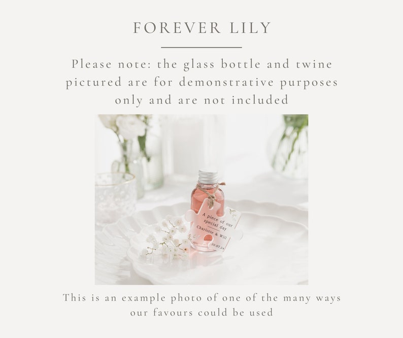 May include: A small glass bottle filled with a pink liquid, sitting on a white plate with a white flower sprig. The bottle has a white tag attached with the text "A piece of our special day Charlotte & Wil 20.07.24".