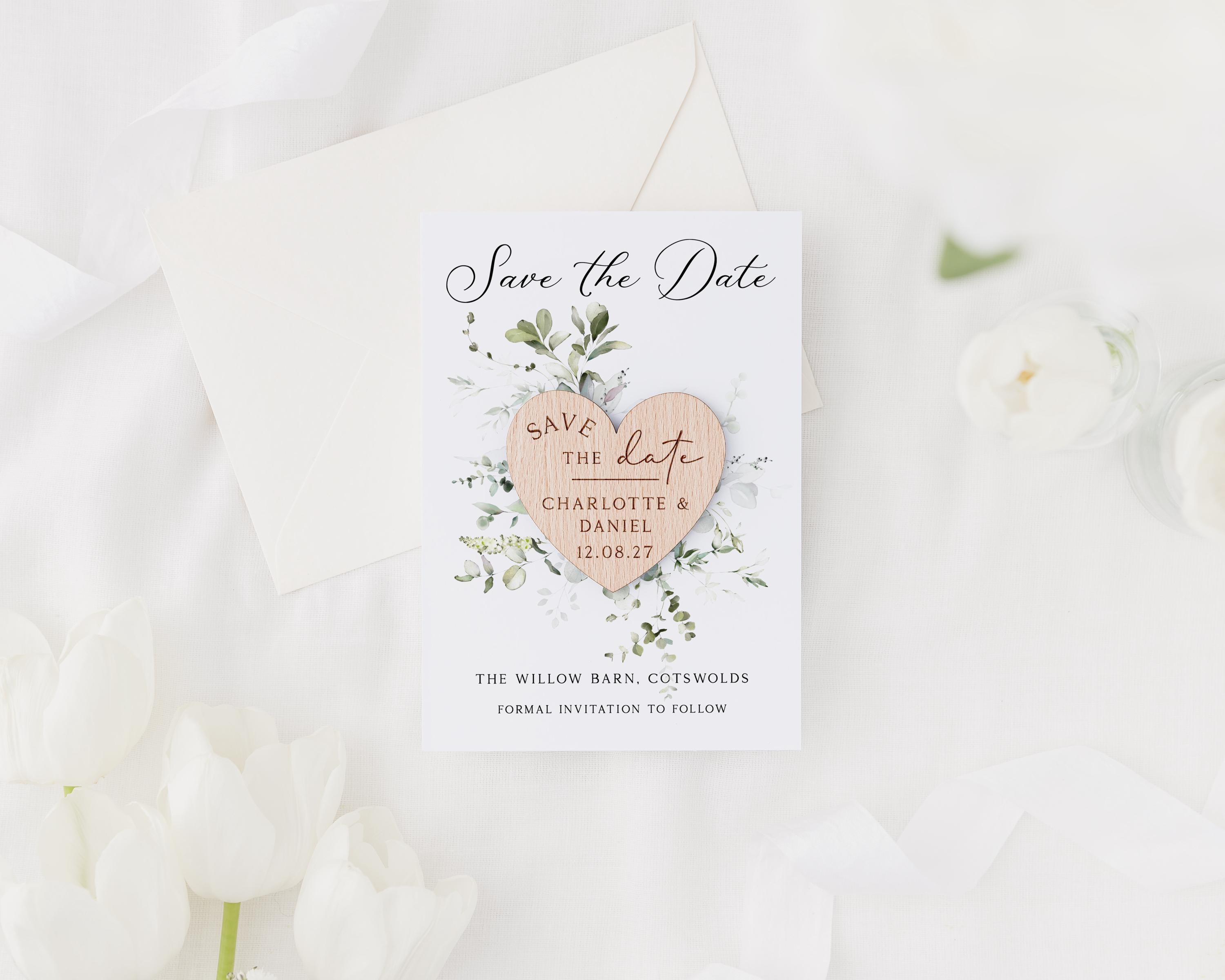 Save The Date Cards with Wooden Magnets | Botanical Floral Save The Dates with Envelopes | Modern Elegant Save The Dates