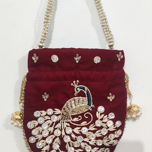 Hand Embroidery Red Peacock Zardosi work potli bag for Wedding,Gift etc.