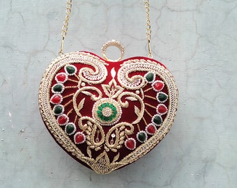 Handmade Embroidery Zardosi Work Heart Clutch both side work for Wedding,Gift and Etc.