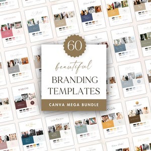 Könnte beinhalten: Eine Sammlung von 60 Branding-Vorlagen, jede mit einem einzigartigen Design mit Fotos, Farbpaletten und Text. Das zentrale Bild zeigt den Text "beautiful BRANDING TEMPLATES CANVA MEGA BUNDLE" in Gold und Braun.