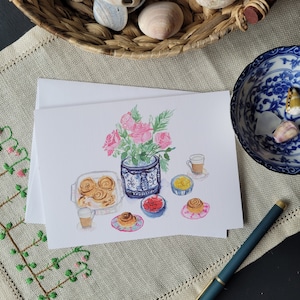 Rozen, koffie en kaneelbroodjes - gezellige brunch grillige aquarel voedsel koffie en bloemenillustraties Moederdag wenskaarten