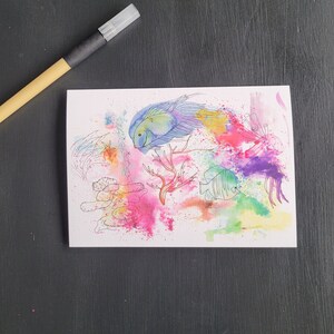 Tropical Fish- Blank Greeting Card - Warm tones - yellow orange green purple - Fantasy Beta Squid Angel Fish Coral Ocean Life