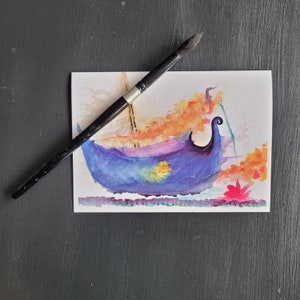 Traumschiff Grußkarte - in kühlen und warmen Farbtönen - Floating Schiff, Fantasy, blau rosa gelb grau Teal Aquarell Druck