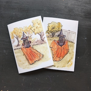 Hexenmädchen im Garten - 2er Set Kunstdruck Blanko Grußkarten für kleine Mädchen, Hexenkostüme