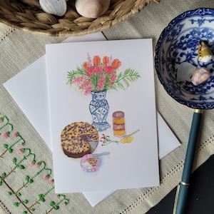 ケーキと青と白の花瓶の花 - 居心地の良いブランチ 気まぐれな水彩画の食べ物 コーヒーと花のイラスト 母の日のグリーティングカード