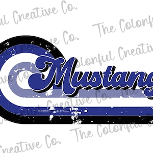 Retro Mustangs Mascot Digital Design | Blue and Black Panthers PNG | Mustangs Sublimation | Retro School Spirit Design | Mustangs Mascot