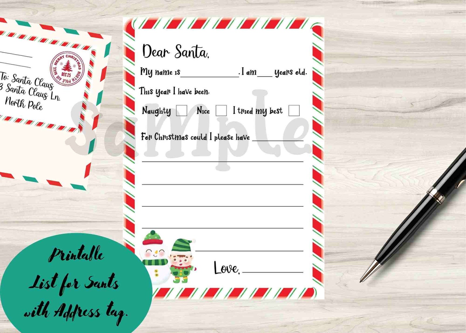 Printable Letter to Santa With Adress Sticker for Envelope/ Kids Letter ...