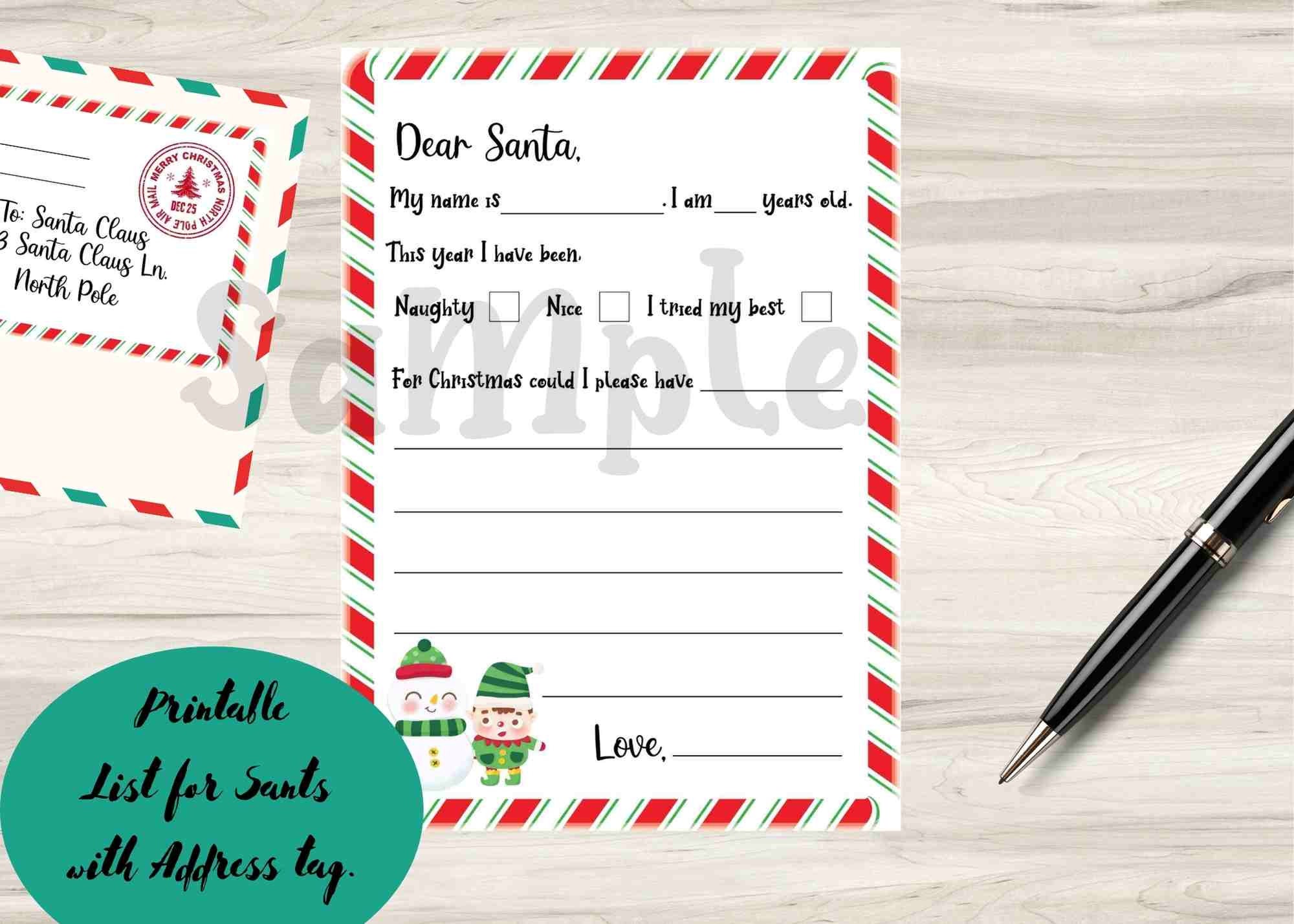 Printable Letter to Santa With Adress Sticker for Envelope/ Kids Letter