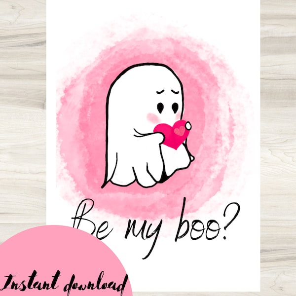 Cute Ghost Doodle Printable Valentine's Day Card, Funny Valentine, Be My Boo?