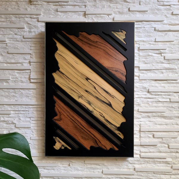 Art mural abstrait • Tableau bois • Décoration intérieur • Wood art • Original Design • Wood and metal • Ebène blanc & Palissandre