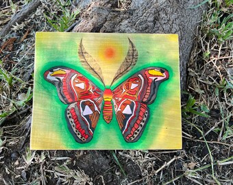 Handmade Atlas Moth Decor, Woodburning, Watercolor Wall Art, Entomologist Gift, Bug Art, Woodworking, Nature Art, Gifts for Bug Lovers