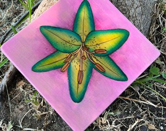 Handmade Lily Wall Art, Woodburning, watercolors, wall decor, wood