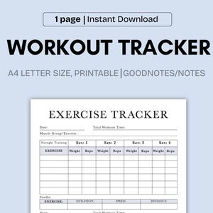 Puede incluir: Un rastreador de entrenamiento imprimible sobre un fondo azul claro. El documento incluye secciones para el seguimiento del ejercicio, con espacios para la fecha, el grupo muscular, el ejercicio, el peso, las repeticiones, la duración, la velocidad y la distancia. El texto en la parte superior dice "WORKOUT TRACKER".