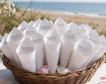 Coni di coriandoli per matrimonio in carta di pizzo: porta petali personalizzati realizzati a mano