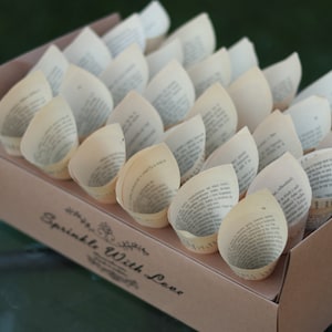 Coni di coriandoli per matrimonio da vecchi libri, coni di coriandoli per matrimonio. già assemblati. Set di coni di vecchi libri con supporti. Coni di petali di fiori