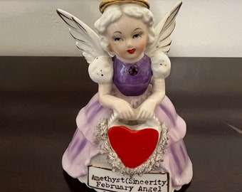 Vintage February Fine Quality SR Angel Valentine's Day Amethyst Sincerity with Heart Purple Figurine