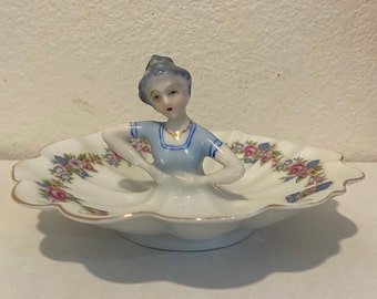 Vintage Ucagco Occupied Japan Lady Trinket Dish (Blue Top Dark Hair)