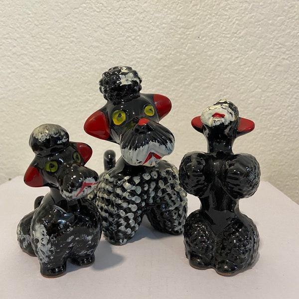 3 Vintage Redware Black Poodle Figurines