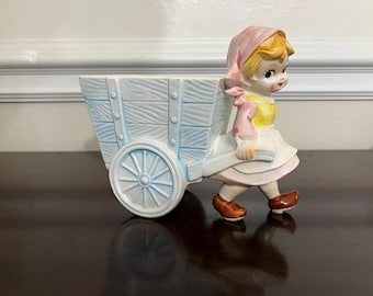 Vintage Relpo Dutch Girl with Blue Wagon Planter