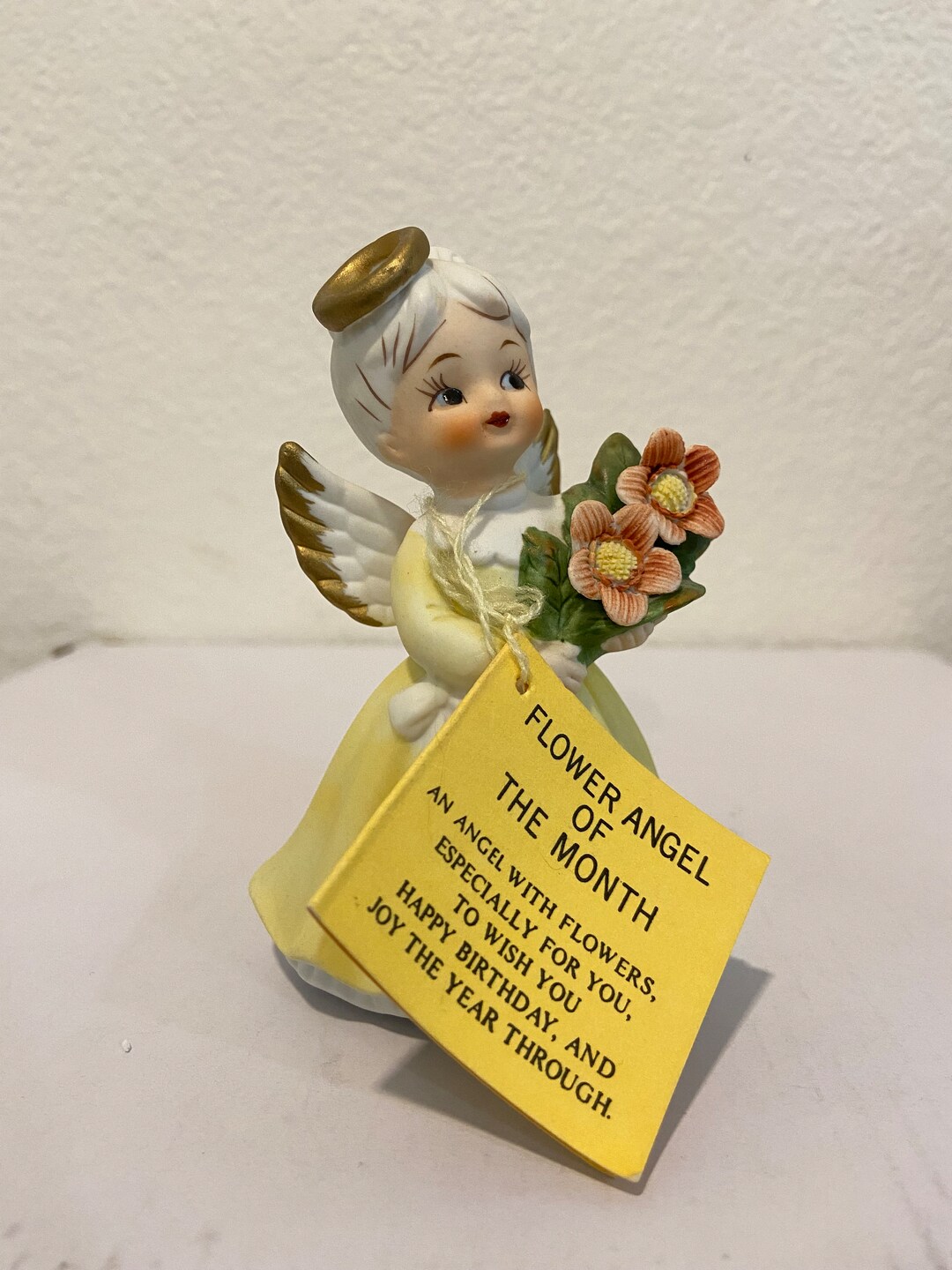 Vintage Kelvin Flower Angel of the Month August Yellow Dress Holding