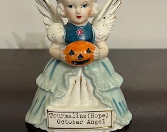 Vintage SR Japan October Tourmaline Hope Birthday Angel Figurine Holding Halloween Pumpkin