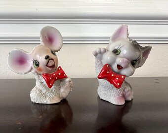 Set of Vintage Sugar Texture Cat and Mouse Figurines