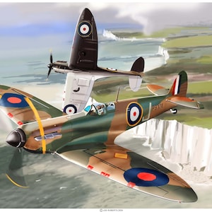 A pair of Spitfire Mk1&#39;s of 92 Squadron over the Cliffs of Dover- Dover Patrol. A limited edition giclee print by artist Joe Roberts
