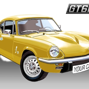 Triumph GT6 Mark 3 Coupe in giallo mimosa dell'artista Joe Roberts