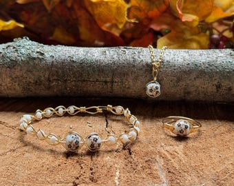Herbstlaub Herbst Gold und Silber Schmuck Set. Ring. Halskette. Armband.