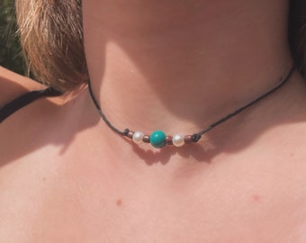 Boho Strand Halskette, Boho Perlen Choker, Teal oder Blau Perlenkette