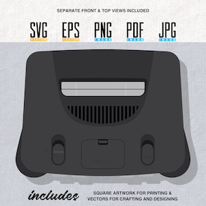 Puede incluir: Una consola Nintendo 64 negra con una ranura para cartuchos gris, botones de encendido y reinicio, y un puerto de control. La consola está sobre un fondo gris texturizado.