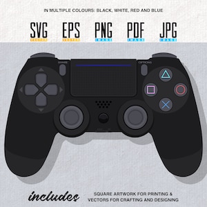 Puede incluir: Controlador de PlayStation negro con botones y un botón de compartir y opciones. El controlador está sobre un fondo gris texturizado. El texto "includes" está en la parte inferior izquierda de la imagen. El texto "SQUARE ARTWORK FOR PRINTING & VECTORS FOR CRAFTING AND DESIGNING" está en la parte inferior derecha de la imagen.
