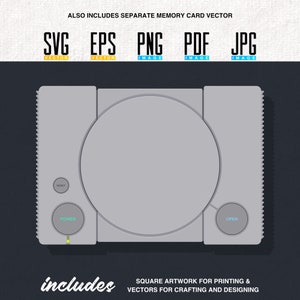 Oeuvre d'art imprimable Playstation/PS1 | Console de jeux vidéo rétro + carte mémoire | vectorielle | SVG modifiable | BPA | PNG transparents | Lot