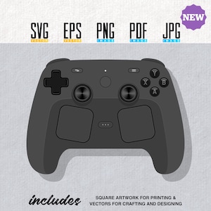 Può includere: Un'illustrazione di un controller per videogiochi grigio scuro con un pad direzionale, due levette analogiche, quattro pulsanti azione etichettati X, Y, A e B e due grandi touchpad. Il testo sopra recita SVG, EPS, PNG, PDF, JPG. Il testo sotto recita includes square artwork.