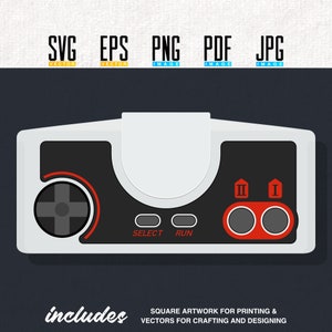May include: A white and gray retro video game console with a red and black control panel. The console has a joystick, two buttons, and a select and run button. The console is on a dark gray background.