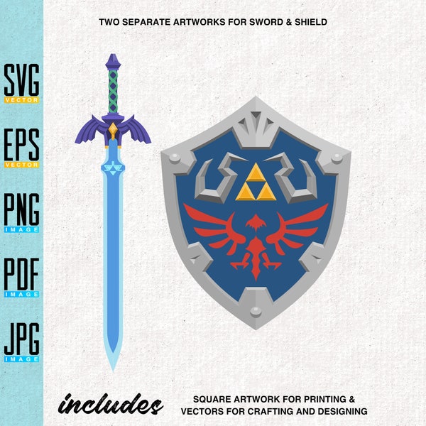 Legend of Zelda Master Sword and Hylian Shield | Artwork Vector Graphic | Link Skyward Sword | BOTW | TOTK | Editable Svg | Transparent png