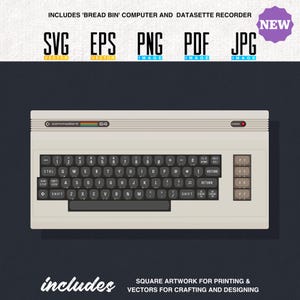 Könnte beinhalten: Ein beigefarbener Commodore 64 Computer mit schwarzer Tastatur und einem mehrfarbigen Streifen. Das Bild enthält den Text "SVG", "EPS", "PNG", "PDF" und "JPG" mit dem Wort "VECTOR" oder "IMAGE" darunter. Das Bild enthält auch den Text "NEW".