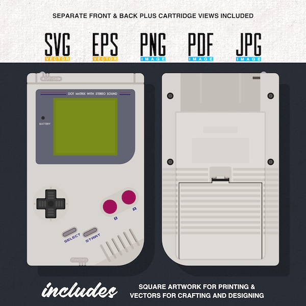 Illustrations imprimables recto-verso Game Boy | Comprend une cartouche de jeu | Ordinateur de poche pour jeu vidéo rétro | vectorielle | SVG modifiable | PNG transparents