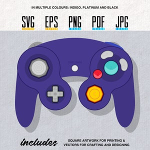 Puede incluir: Controlador de GameCube morado con un botón octogonal gris, un botón amarillo con un diseño circular, un botón rojo y un botón azul. El controlador tiene un pad direccional gris y un botón de inicio/pausa gris. El texto "START/PAUSE" está impreso en el botón.