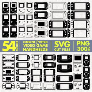 May include: A set of 54 black and white vector illustrations of video game handhelds. The illustrations are in SVG and PNG format, 300 DPI. The text on the image reads "Current & Retro Video Game Handhelds, SVG Cut Files, PNG 300 DPI".