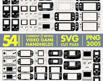 54 Video Game Handheld Designs | Cricut Silhouette Cut Files | SVG | PNG | Monochrome | Instant Download