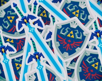 Legend of Zelda Master Sword and Hylian Shield Sticker Pack | Video Game Stickers | Glossy Vinyl Laptop Sticker Twin Pack