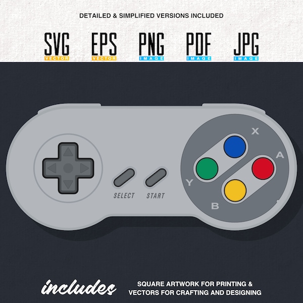 SNES / Super Famicom Printable Artwork | Retro Video Game Controller | Vector | Editable SVG | Eps | Transparent PNG | 2 Version Bundle