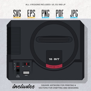 Peut inclure: Une console Sega Genesis noire et grise avec une étiquette 16 bits. La console possède un emplacement pour une cartouche de jeu, un bouton de volume, un interrupteur d'alimentation et un bouton de réinitialisation. La console est sur un fond blanc.