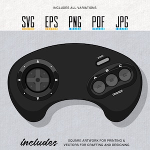 Puede incluir: Un mando de videojuego negro y gris con una almohadilla direccional circular y botones etiquetados como "A", "B", "C" y "Inicio". El mando está sobre un fondo gris texturizado. El texto "includes" está escrito en cursiva en la parte inferior izquierda de la imagen. El texto "SQUARE ARTWORK FOR PRINTING & VECTORS FOR CRAFTING AND DESIGNING" está escrito en negro en la parte inferior derecha de la imagen.